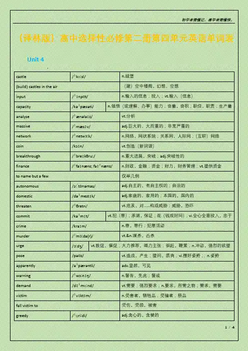(译林版)高中选择性必修第二册第四单元英语单词表