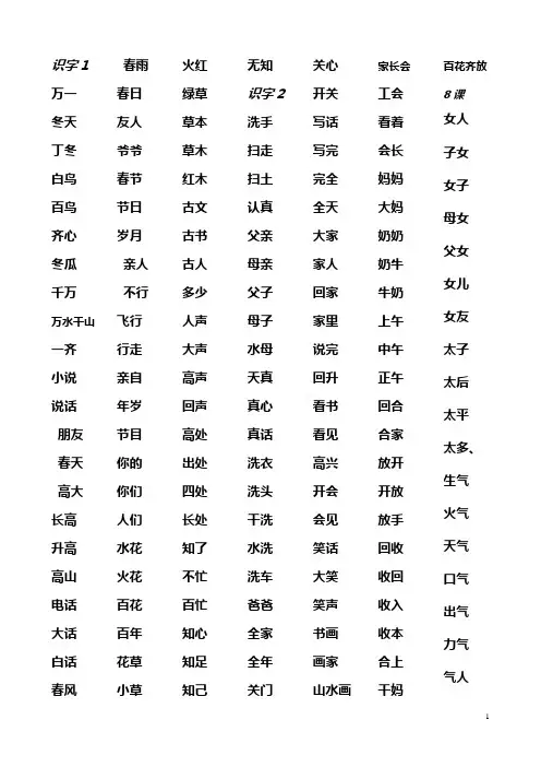 人教版语文一下四会生字词语