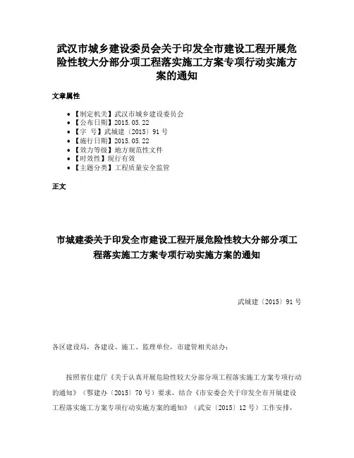 武汉市城乡建设委员会关于印发全市建设工程开展危险性较大分部分项工程落实施工方案专项行动实施方案的通知