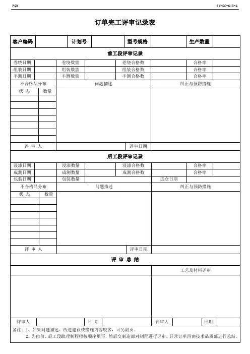 订单完工评审记录表