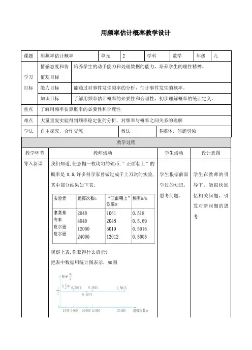 初中数学浙教版九年级上册《2.3用频率估计概率》教学设计