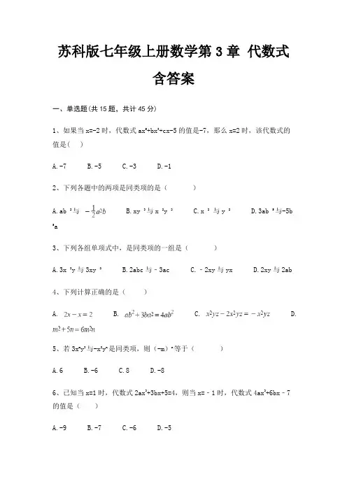 苏科版七年级上册数学第3章 代数式 含答案
