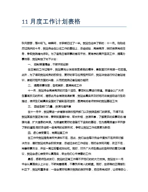 11月度工作计划表格