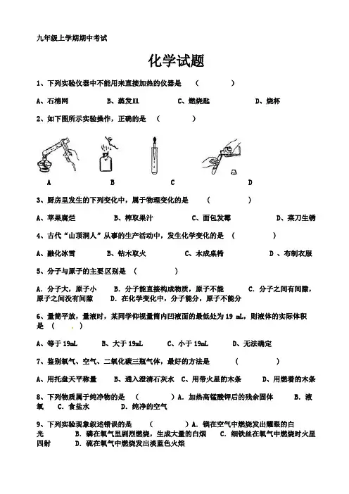 九年级上学期期中考试化学试题