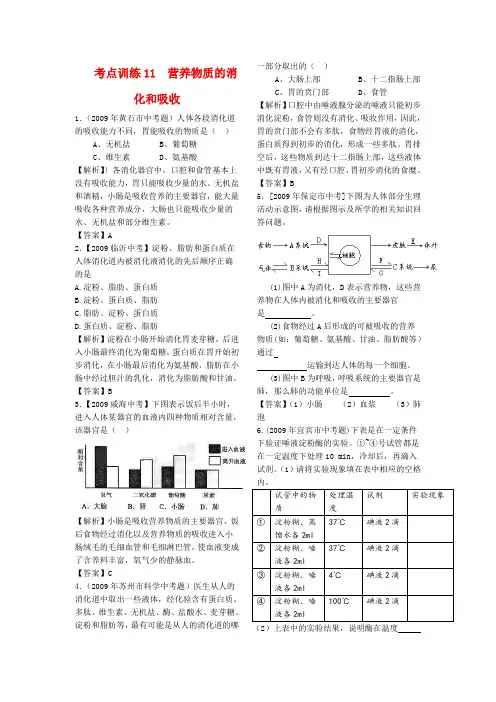 九年级生物中考考点训练11  营养物质的消化和吸收全国通用