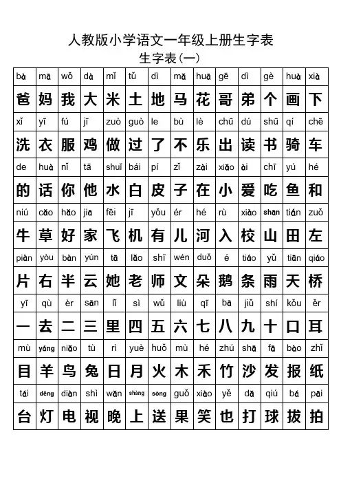 人教版一年级语文上册生字表及全部偏旁部首