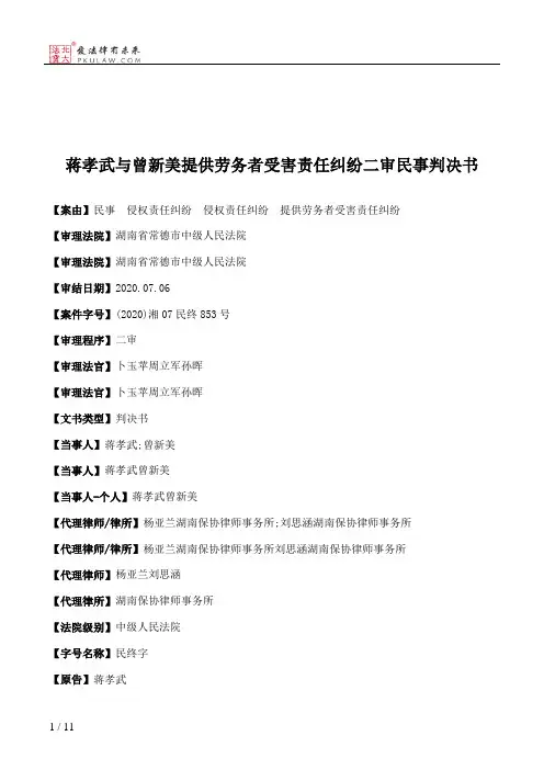 蒋孝武与曾新美提供劳务者受害责任纠纷二审民事判决书