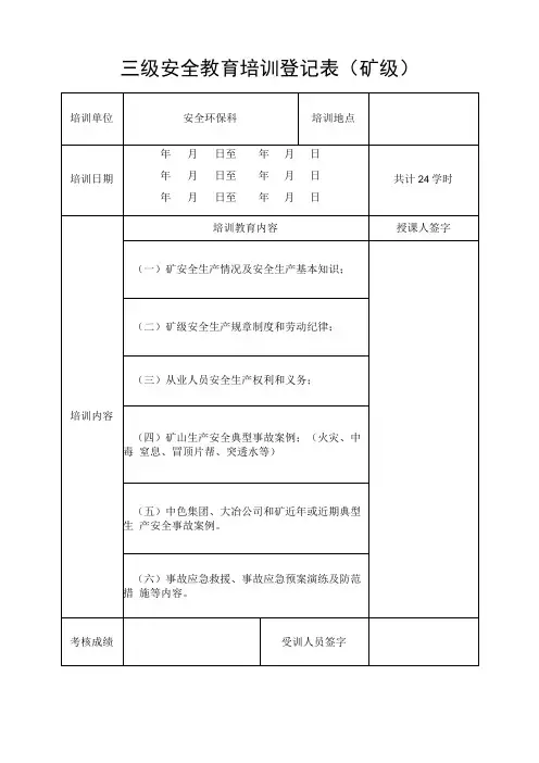 三级安全教育培训登记表(矿级)