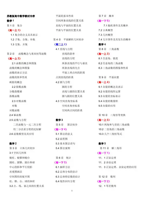 苏教版高中数学教材目录(附教学进度)