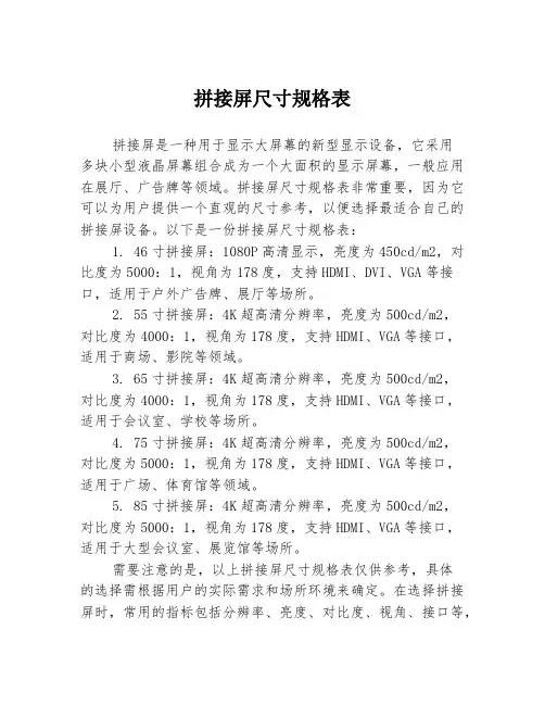 拼接屏尺寸规格表