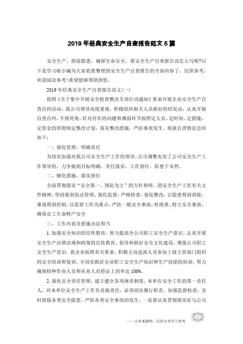 2019年经典安全生产自查报告范文5篇