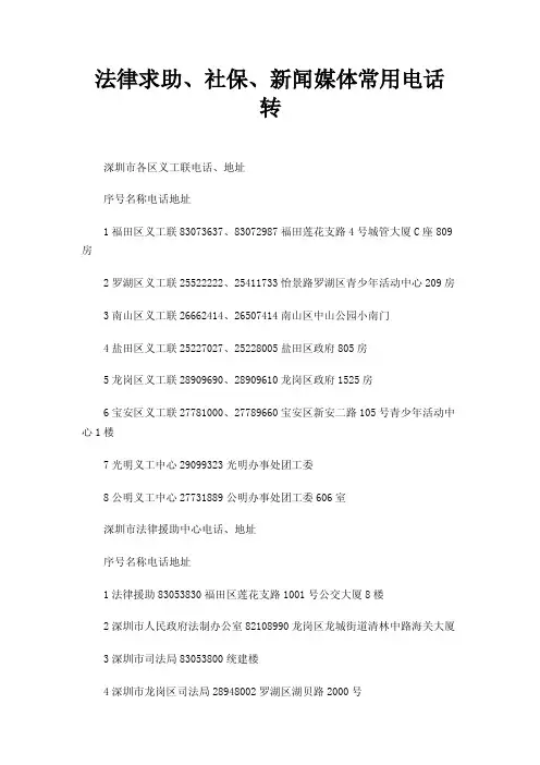法律求助、社保、新闻媒体常用电话转