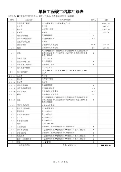 单位工程竣工结算汇总表