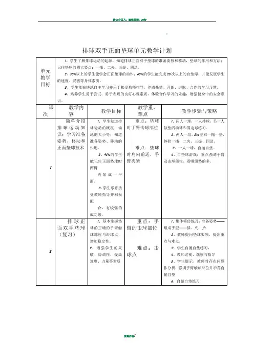 排球双手正面垫球单元教学计划