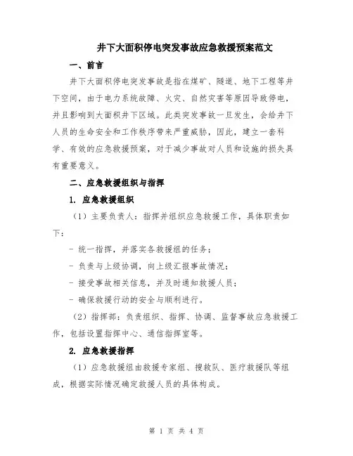 井下大面积停电突发事故应急救援预案范文
