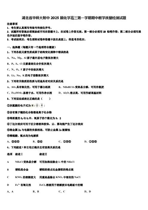 湖北省华师大附中2025届化学高三第一学期期中教学质量检测试题含解析