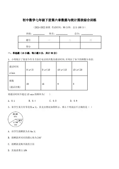 2022中考特训浙教版初中数学七年级下册第六章数据与统计图表综合训练试题(含答案解析)