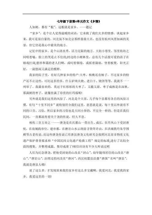 七年级下册第4单元作文《乡情》
