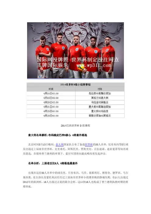 2014巴西世界杯D组小组赛