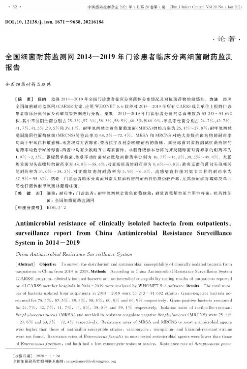 全国细菌耐药监测网2014—2019年门诊患者临床分离细菌耐药监测报告