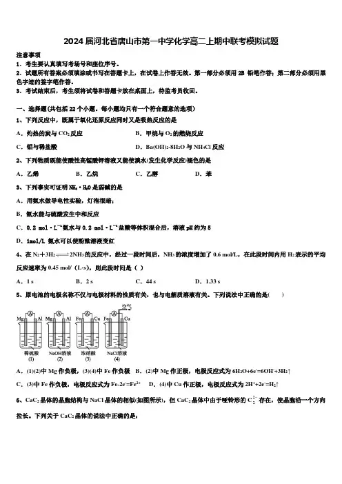 2024届河北省唐山市第一中学化学高二上期中联考模拟试题含解析