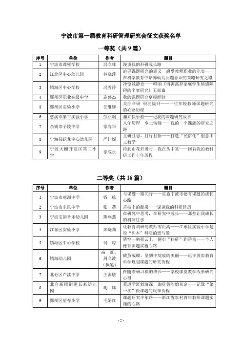 宁波市第一届教育科研管理研究征文评比结果