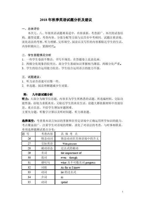 英语试题分析及建议