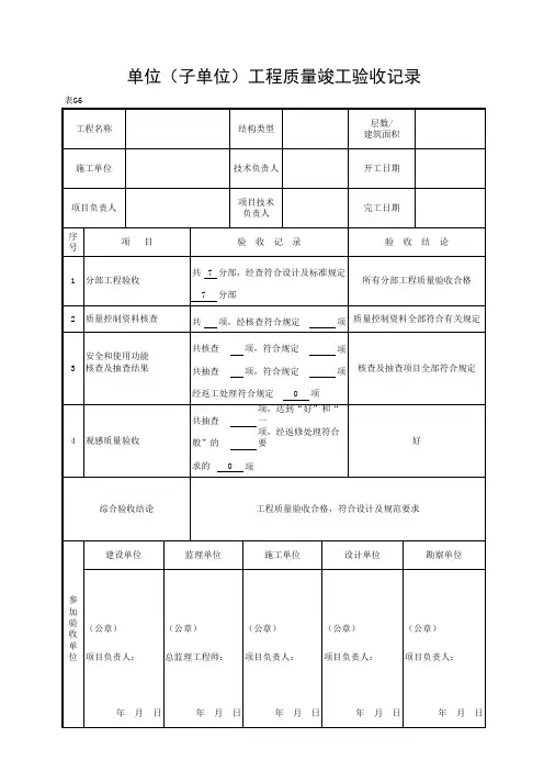 表G6 单位(子单位)工程质量竣工验收记录