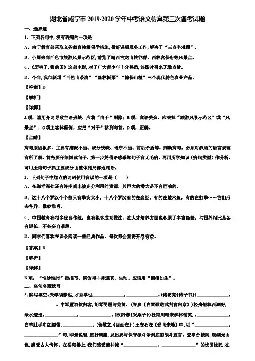 湖北省咸宁市2019-2020学年中考语文仿真第三次备考试题含解析