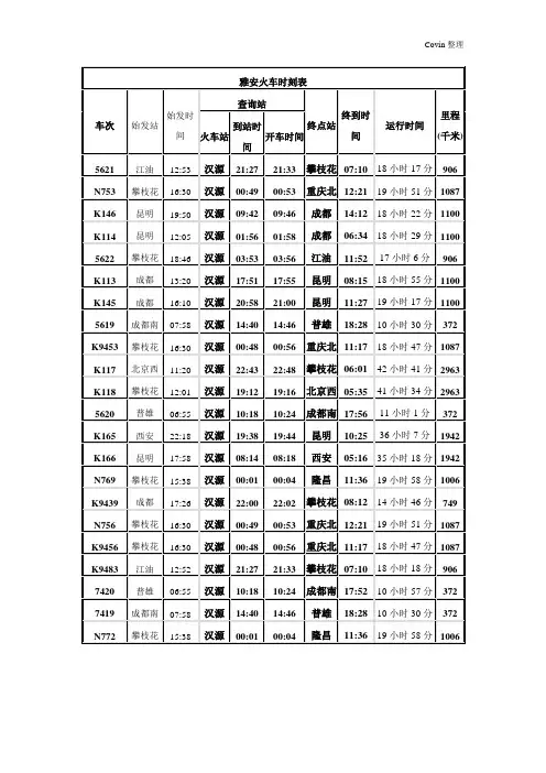 雅安列车时刻表