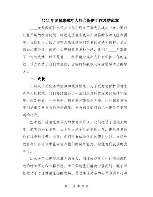 2024年困境未成年人社会保护工作总结范本