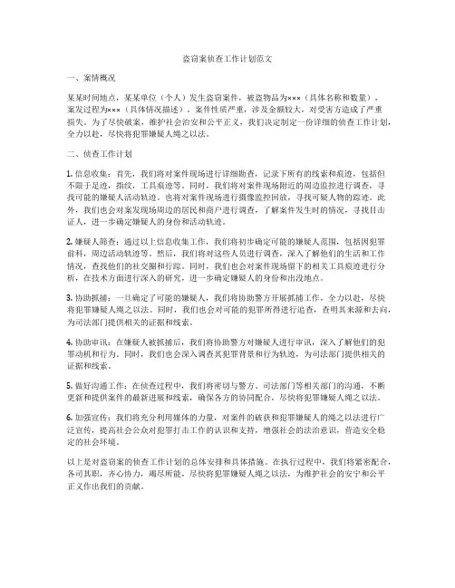 盗窃案侦查工作计划范文