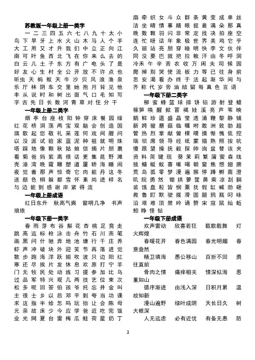 苏教版小学语文1到5年级一类二类字和成语汇总