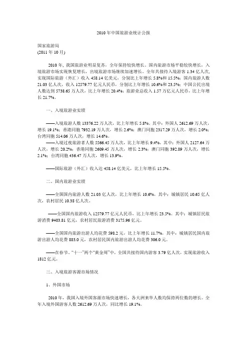 2010年中国旅游业统计公报