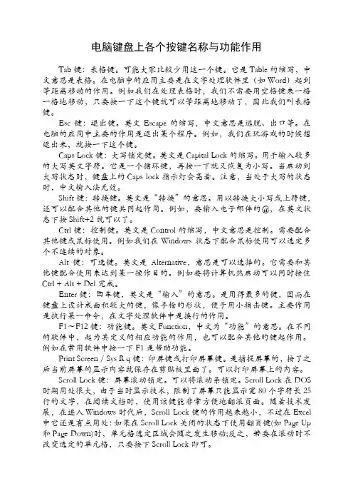 电脑键盘上各个按键名称与功能作用