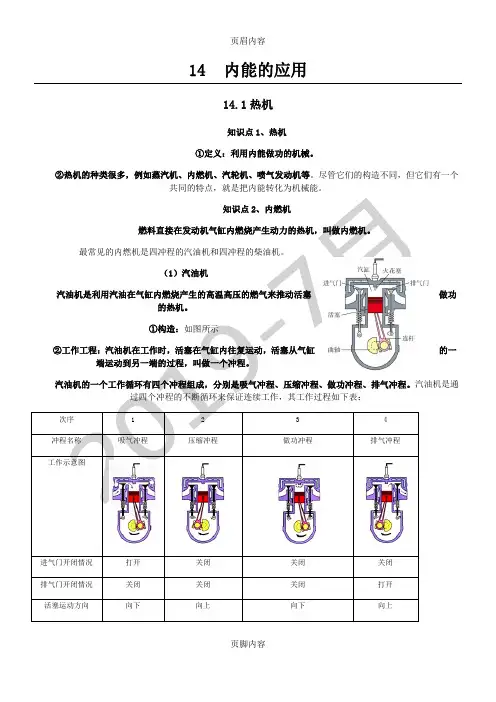人教版九年级第14章内能的应用知识点全面总结