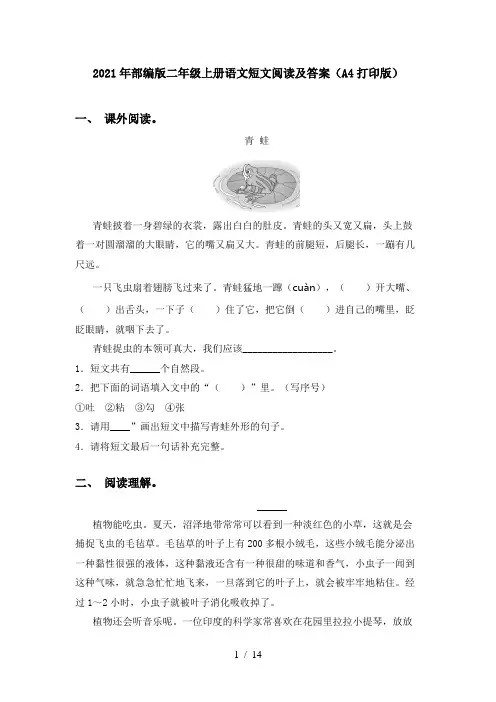 2021年部编版二年级上册语文短文阅读及答案(A4打印版)