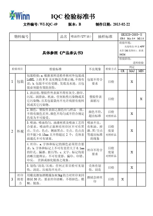 喷油件检验标准表面uv处理