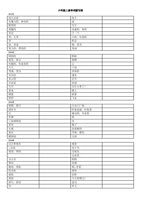 单词默写表格(知识清单)译林版英语六年级上册(1)