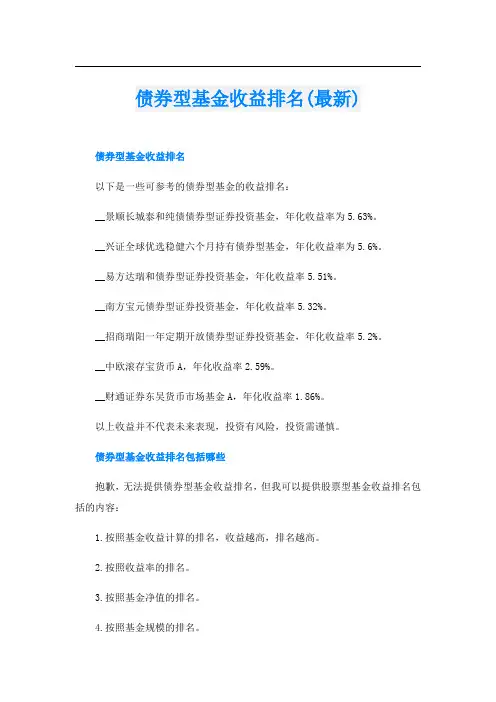 债券型基金收益排名(最新)