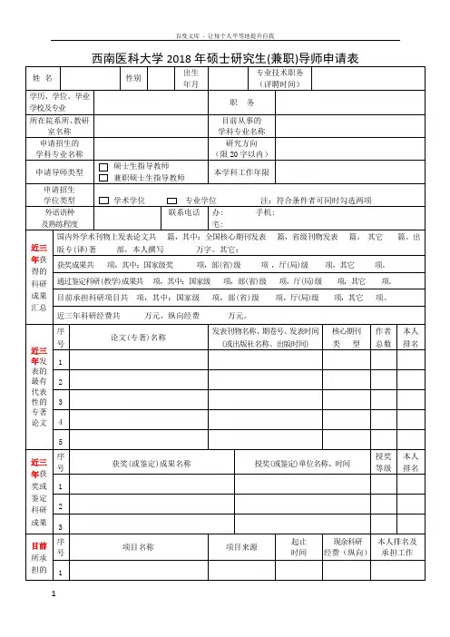 西南医科大学2018年硕士研究生兼职导师申请表