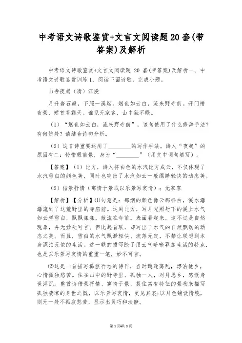 中考语文诗歌鉴赏+文言文阅读题20套(带答案)及解析