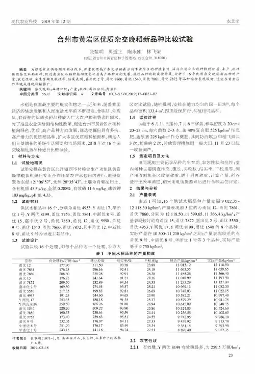 台州市黄岩区优质杂交晚稻新品种比较试验