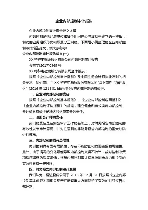 企业内部控制审计报告范文3篇