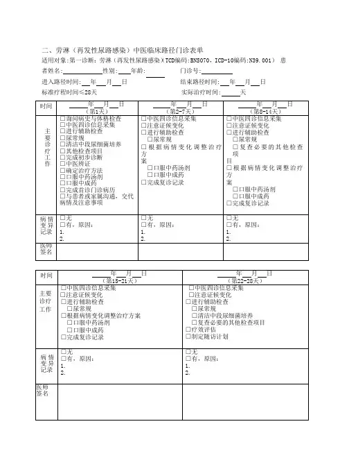劳淋再发性尿路感染中医临床路径门诊表单