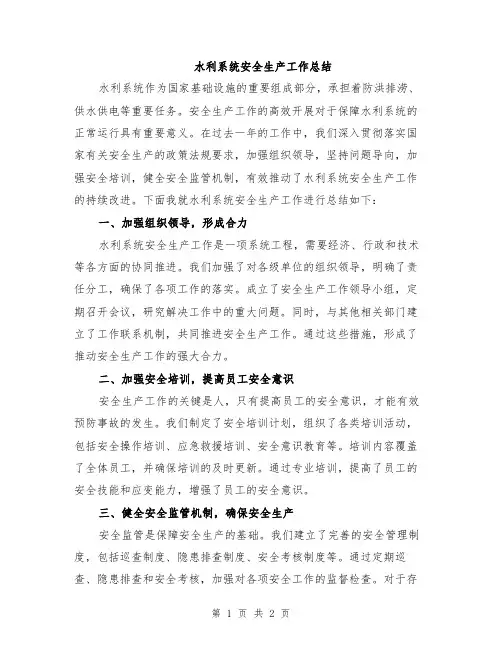 水利系统安全生产工作总结