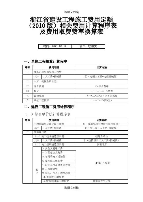 浙江省建设工程施工费用定额(版)相关费用计算程序表及费用取费费率换算表之欧阳文创编