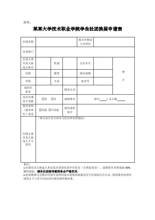某某大学技术职业学院学生社团换届申请表