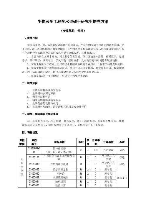 生物医学工程学术型硕士研究生培养方案