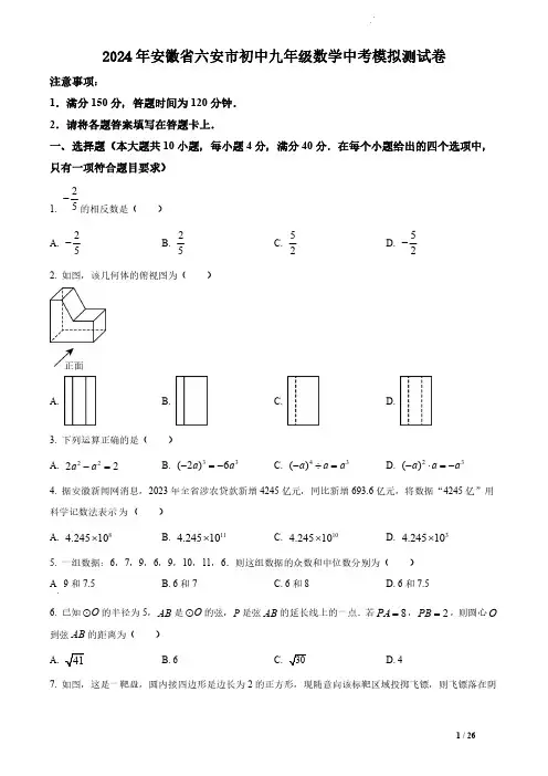 2024年安徽省六安市初中九年级数学中考模拟测试卷